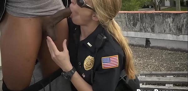  Big ass uniformed babes fuck a criminal on the rooftop